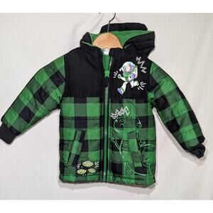 Disney Store Toy Story Hooded Puffer Jacket Boys 3T Green Black Plaid Buzz Woody